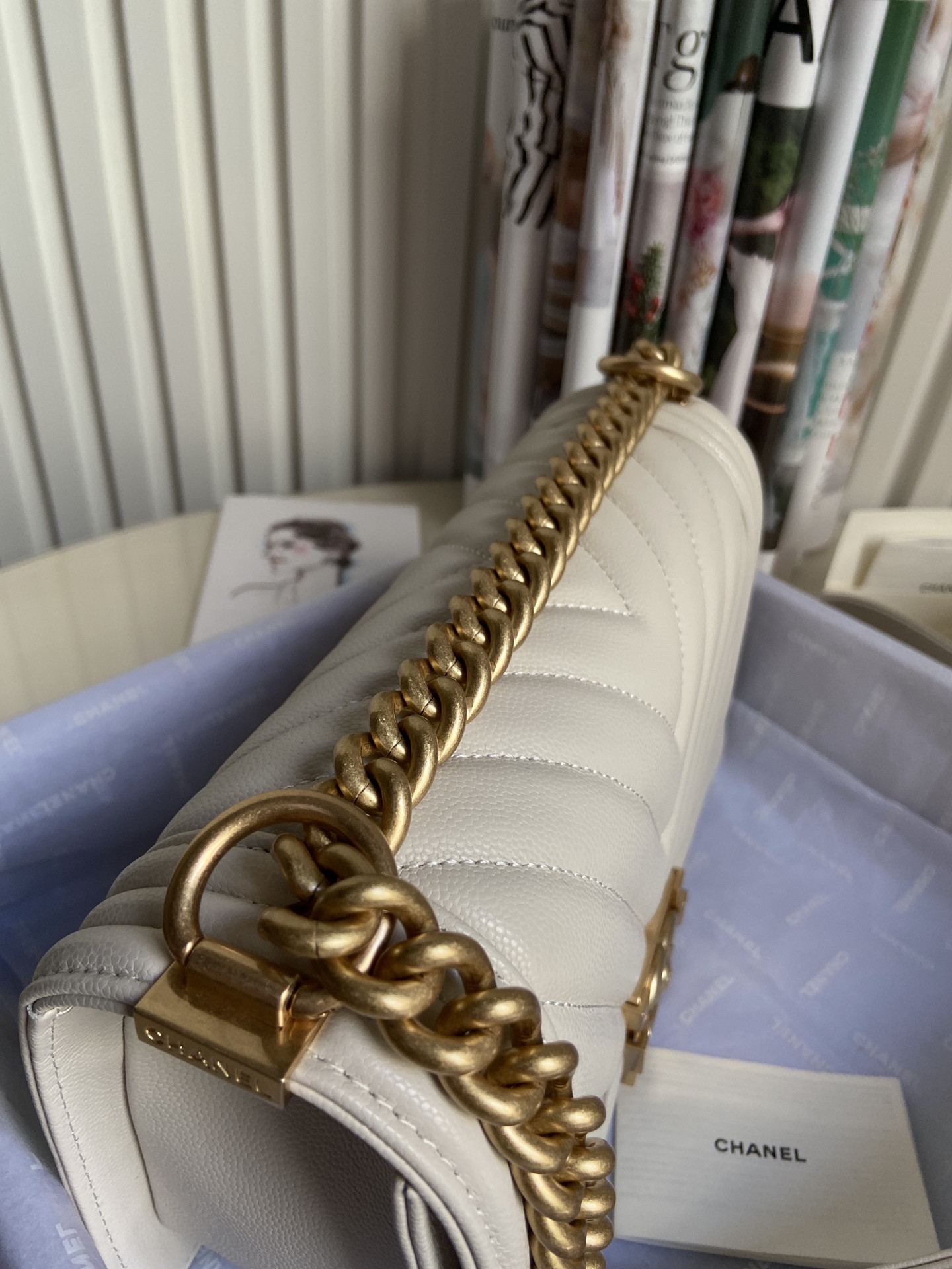 BOY CHANEL HANDBAG Shiny Grained Calfskin & Gold-Tone Metal Beige 5.9 × 9.8 × 3.5 in