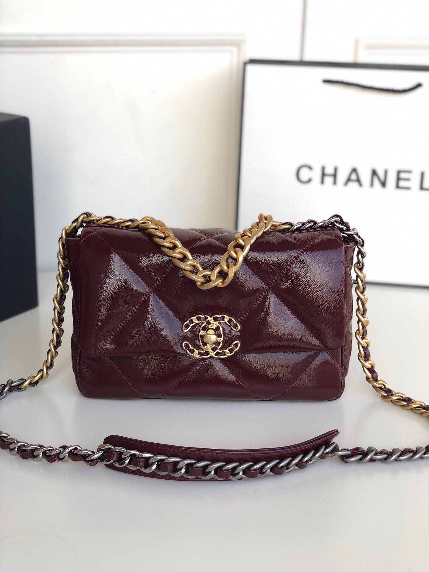 CHANEL 19 HANDBAG Shiny Leather, Gold-Tone, Silver-Tone & Ruthenium-Finish Metal Dark Red 6.2 × 10.1 × 3.5 in