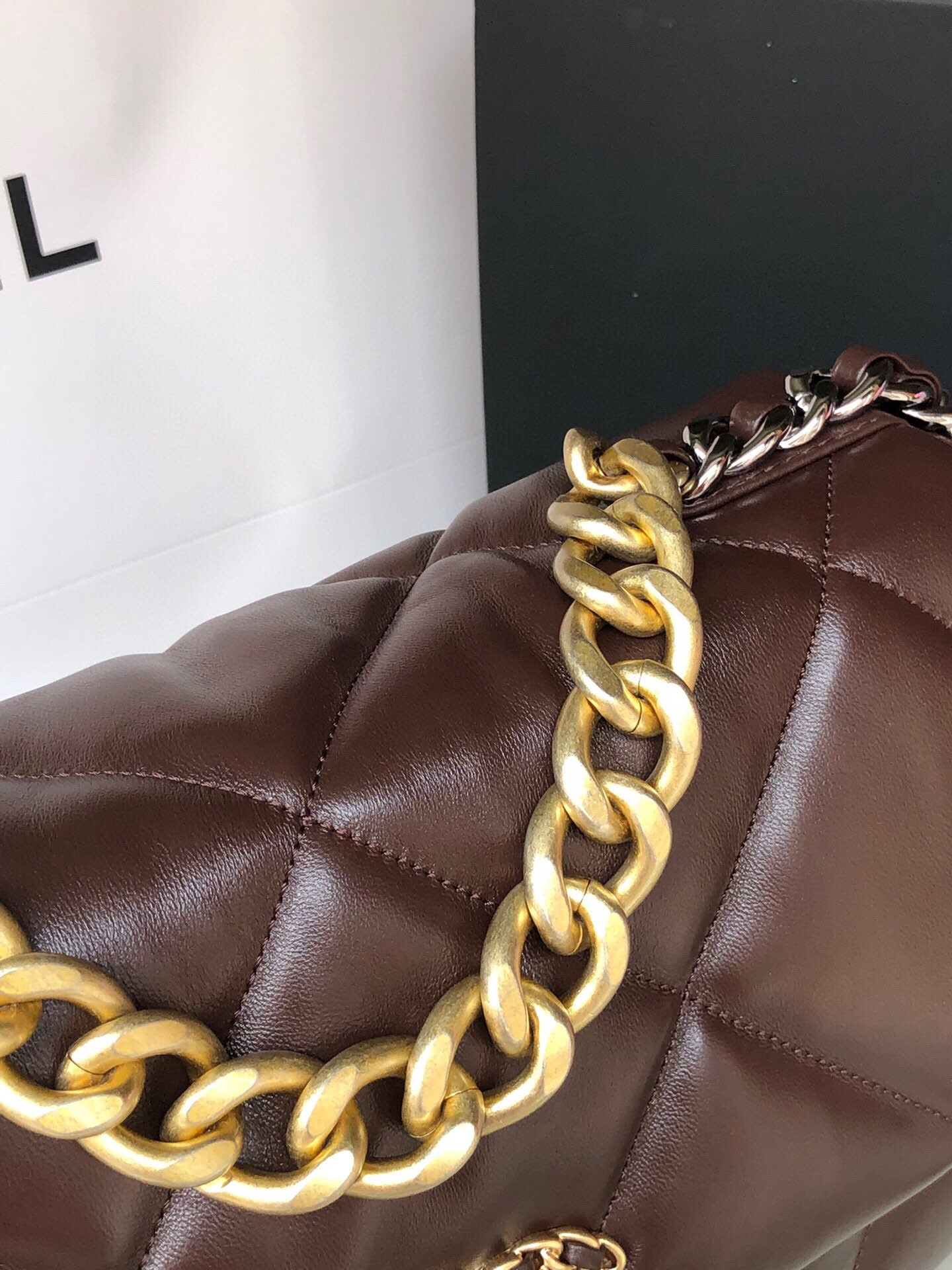 CHANEL 19 LARGE HANDBAG Shiny Leather, Gold-Tone, Silver-Tone & Ruthenium-Finish Metal Brown 7.8 × 11.7 × 3.9 in