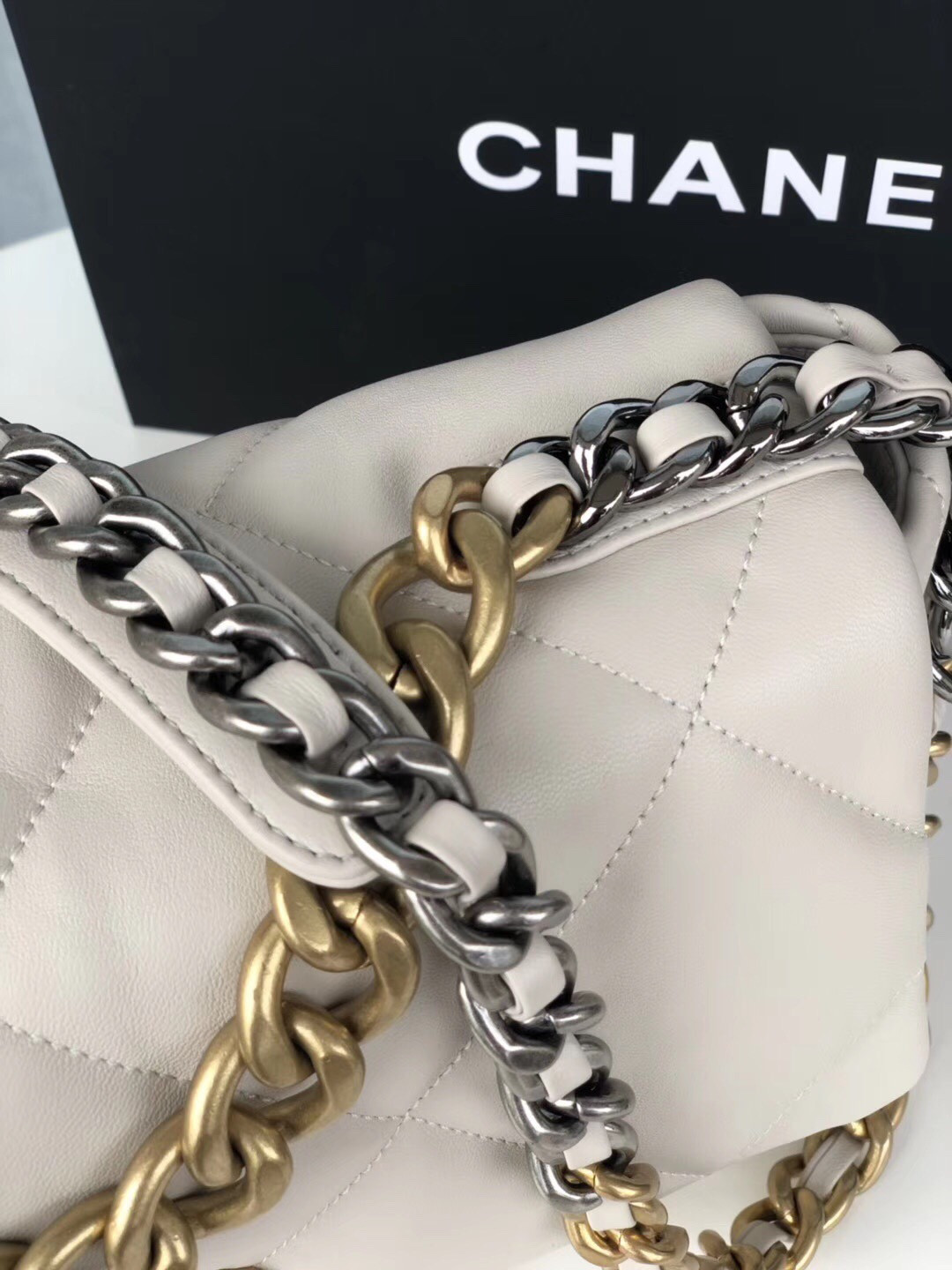 CHANEL 19 LARGE HANDBAG Shiny Leather, Gold-Tone, Silver-Tone & Ruthenium-Finish Metal Beige 7.8 × 11.7 × 3.9 in