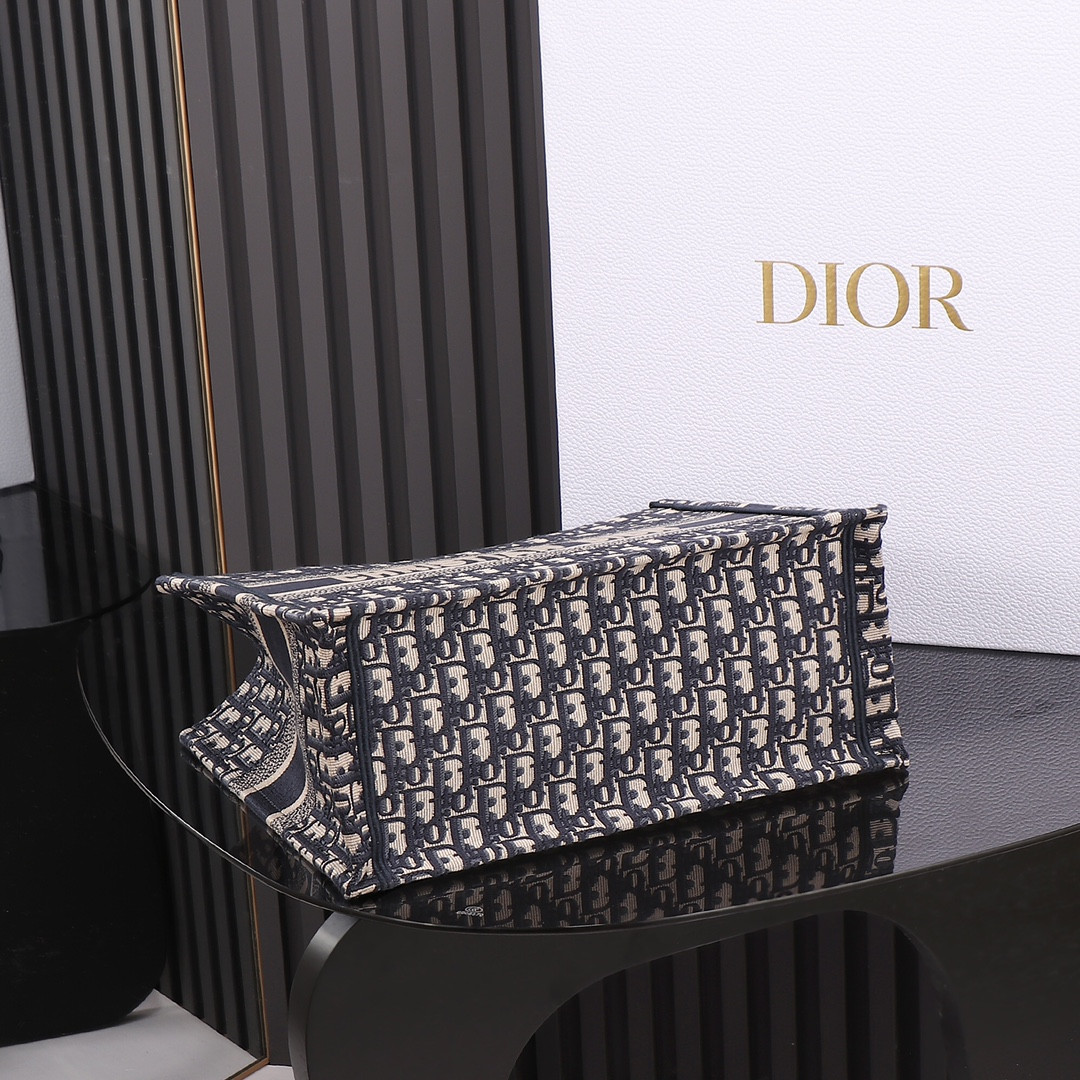 Medium Dior Book Tote  Ecru and Blue Dior Oblique Embroidery 14 x 11 x 6.5 inches