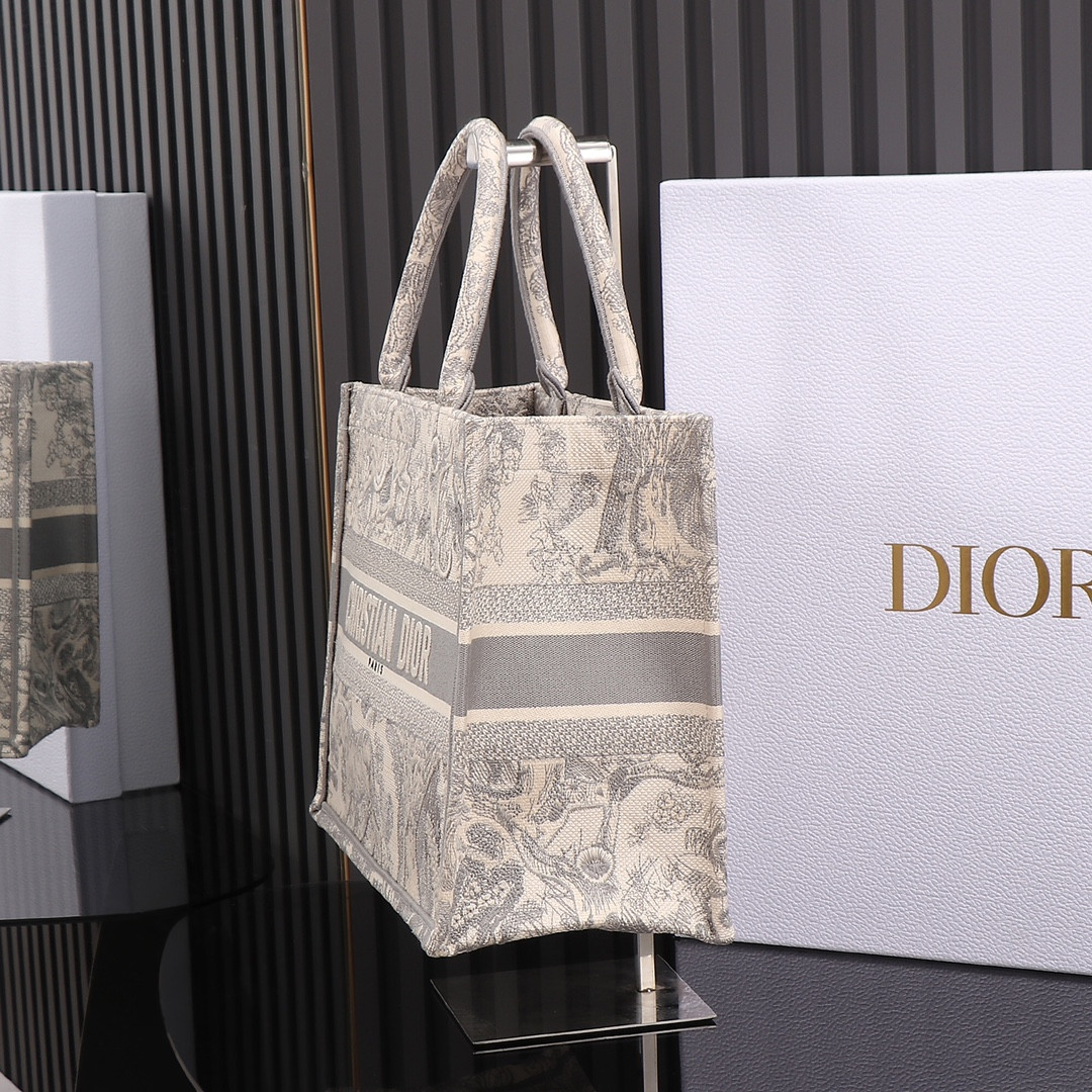 Medium Dior Book Tote Ecru and Gray Toile de Jouy Embroidery 14 x 11 x 6.5 inches