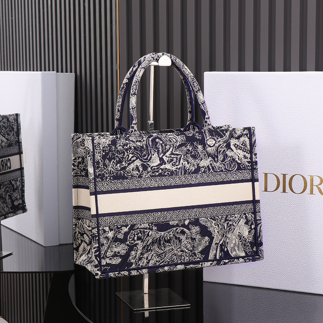 Medium Dior Book Tote  Blue and Ecru Toile de Jouy Reverse Embroidery 14 x 11 x 6.5 inches