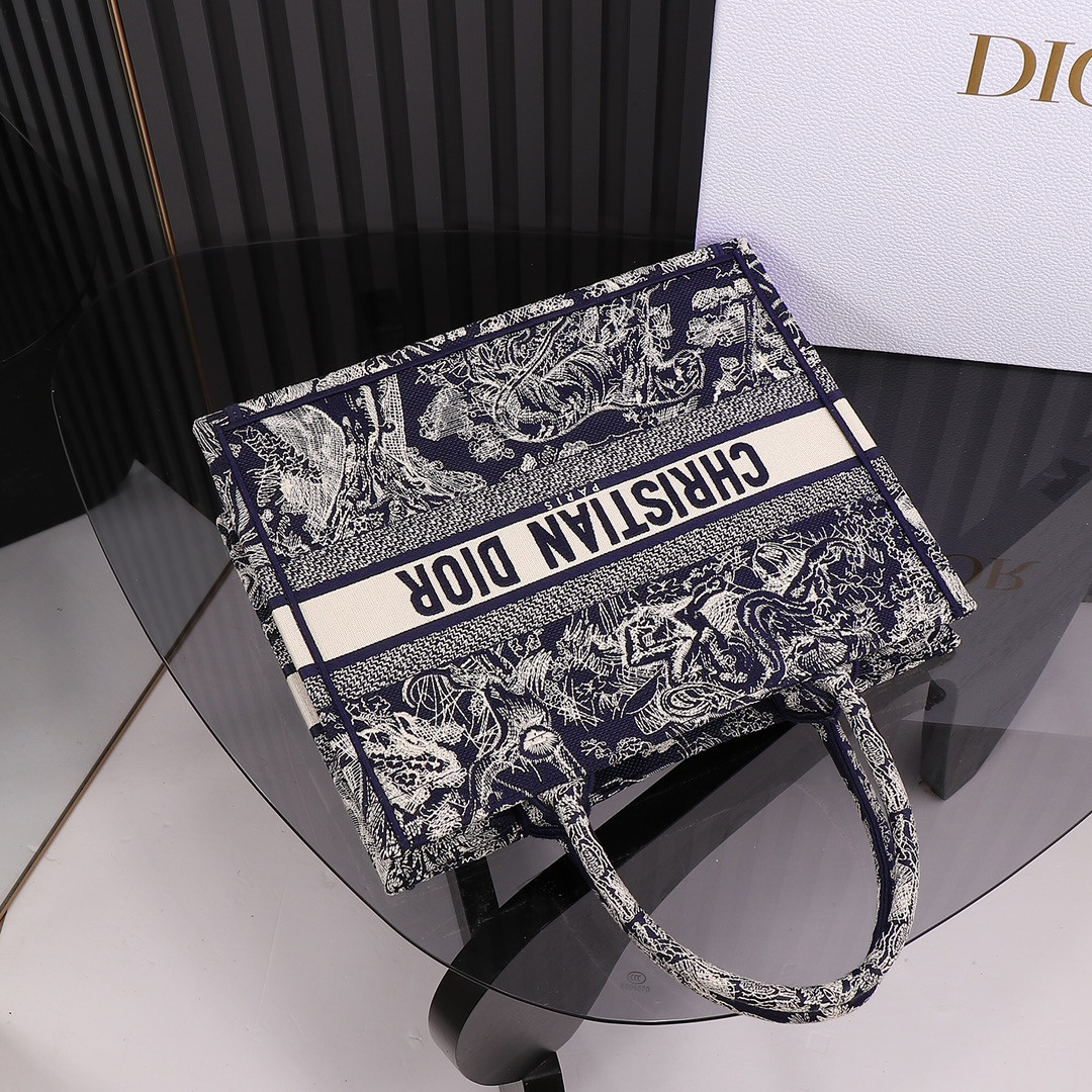 Medium Dior Book Tote  Blue and Ecru Toile de Jouy Reverse Embroidery 14 x 11 x 6.5 inches