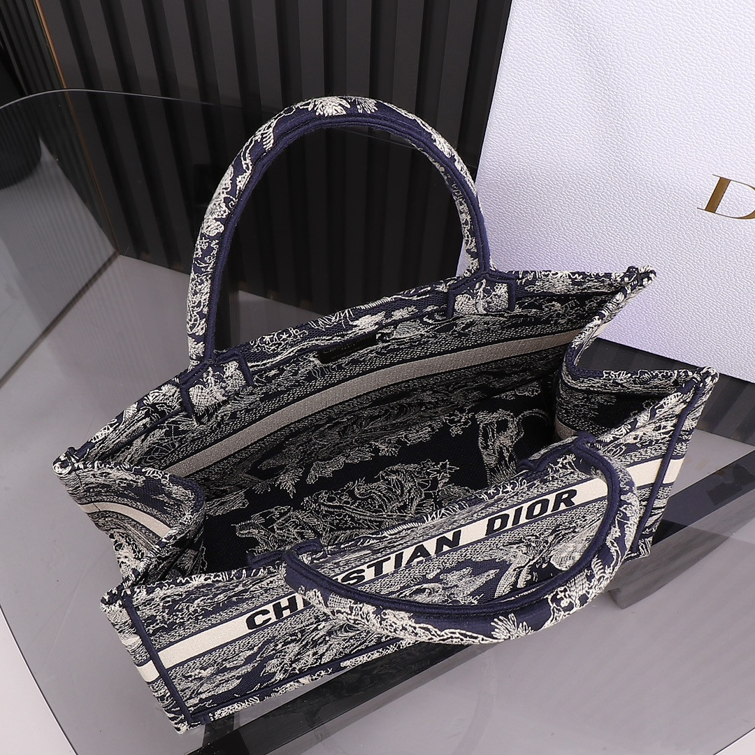 Medium Dior Book Tote  Blue and Ecru Toile de Jouy Reverse Embroidery 14 x 11 x 6.5 inches