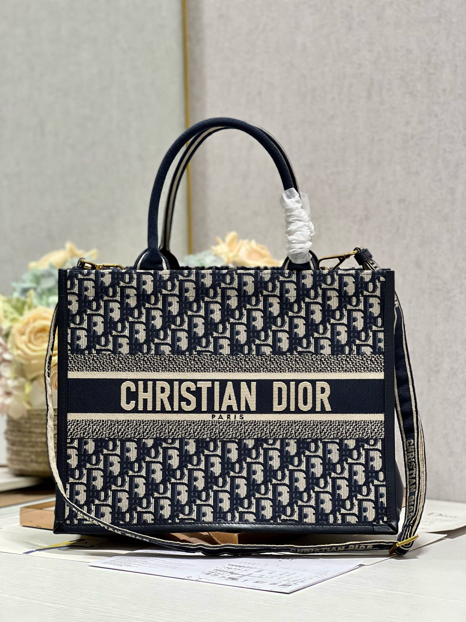 Medium Dior Book Tote Ecru and Blue Dior Oblique Embroidery 14 x 11 x 6.5 inches