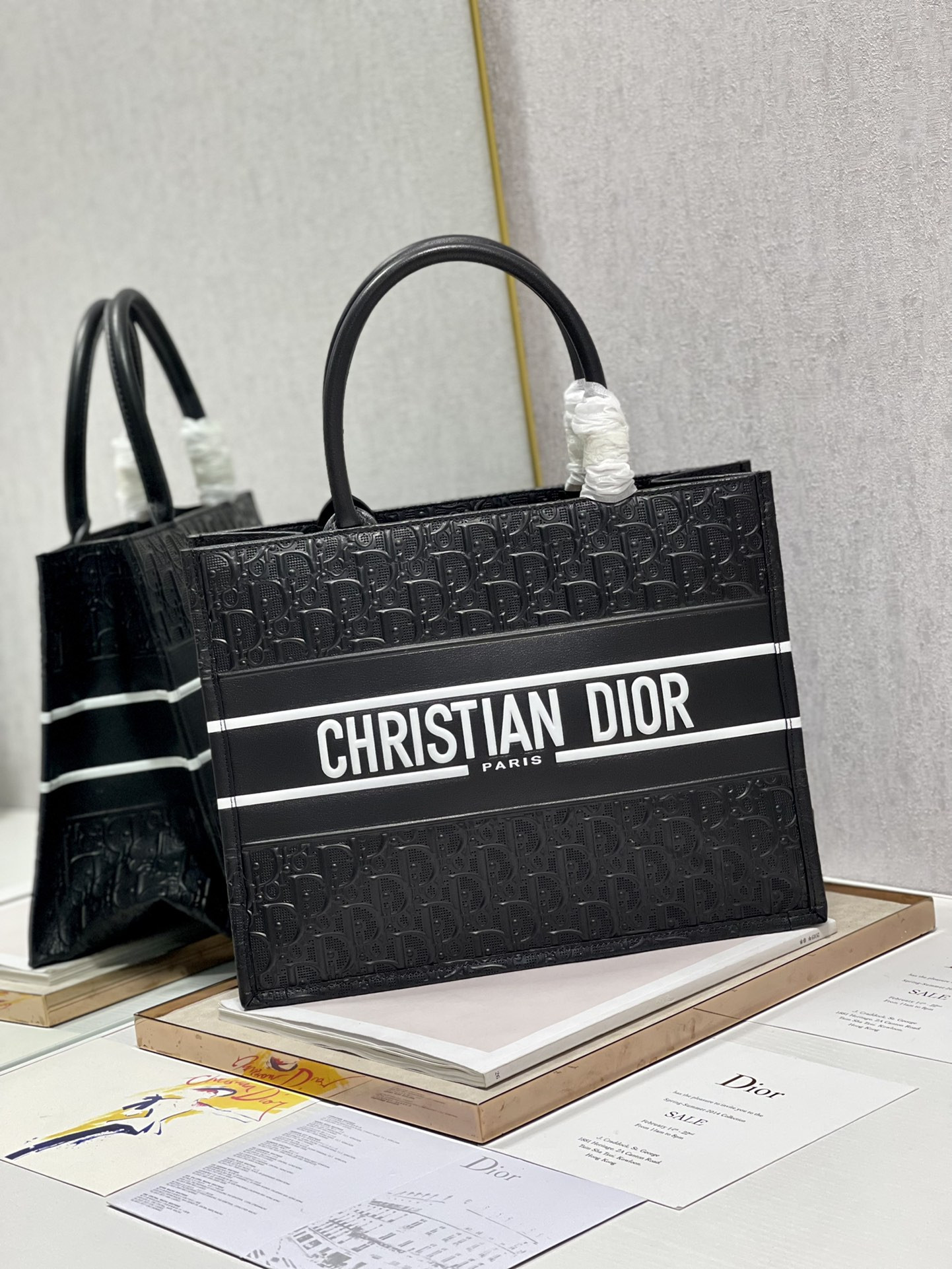 Calfskin Embossed Medium Dior Book Tote Black WHITE 14 x 11 x 6.5 inches