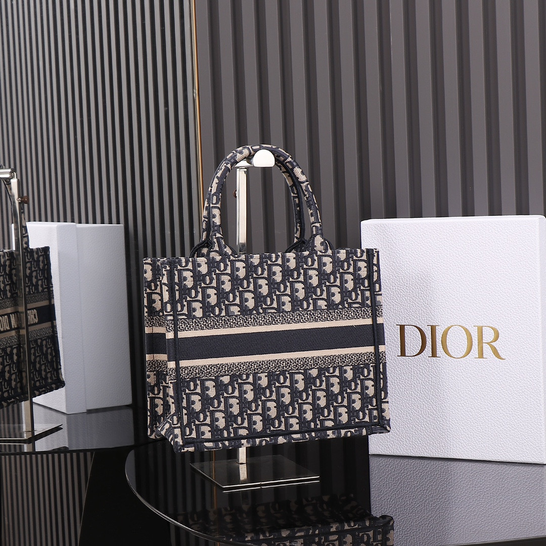 Small Dior Book Tote Ecru and Blue Dior Oblique Embroidery 10.5 x 8.5 x 5.5 inches