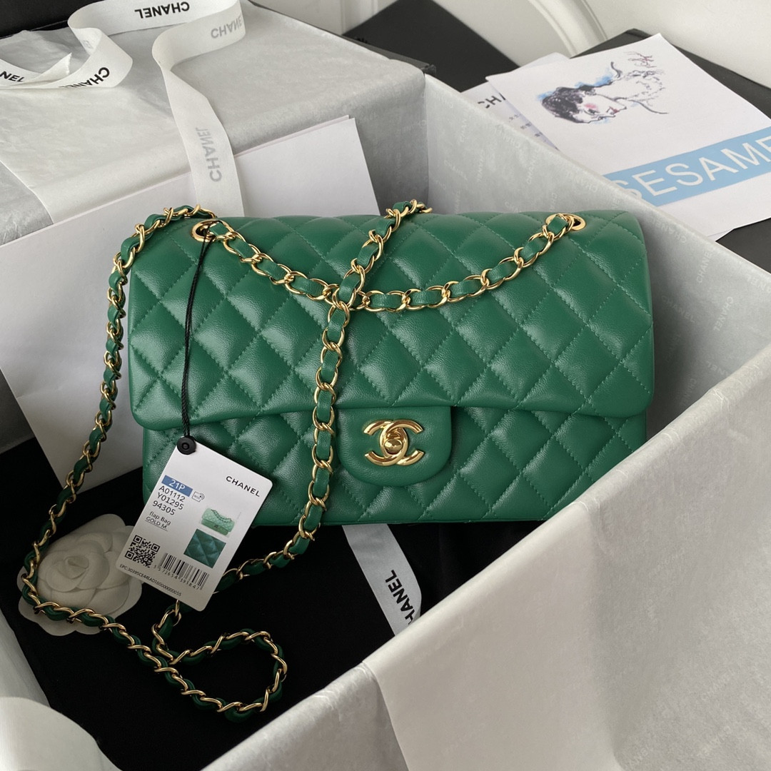CHANEL CLASSIC HANDBAG GRAINED SHINY CALFSKIN & GOLD-TONE METAL GREEN 6 × 9.9 × 2.5 in