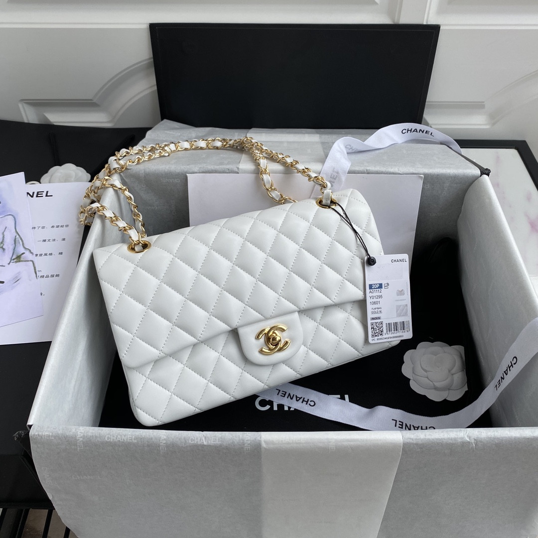 CHANEL CLASSIC HANDBAG GRAINED SHINY CALFSKIN & GOLD-TONE METAL WHITE 6 × 9.9 × 2.5 in