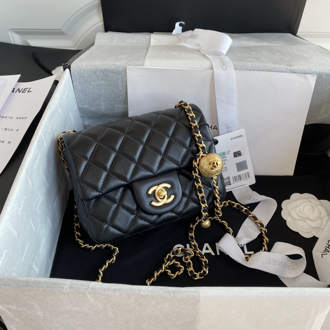 CHANEL MINI FLAP BAG SHINY CALFSKIN & Gold-Tone METAL BLACK 5.3 × 6.6 × 3.1 in