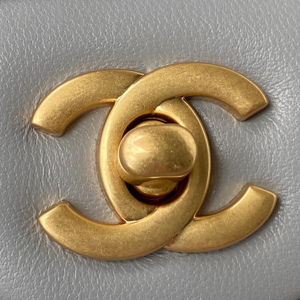 CHANEL MINI FLAP BAG SHINY CALFSKIN & Gold-Tone METAL LIGHT BLUE 5.3 × 6.6 × 3.1 in