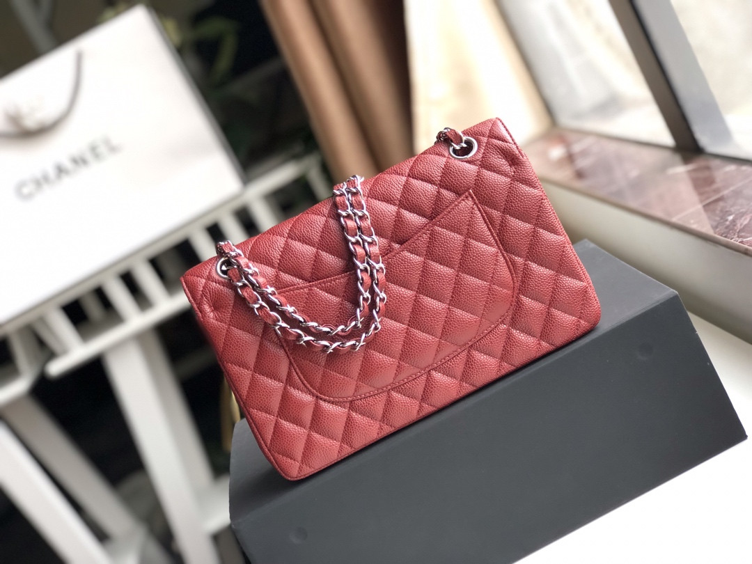 CHANEL CLASSIC HANDBAG GRAINED CALFSKIN & SILVER-TONE METAL red 6 × 9.9 × 2.5 in