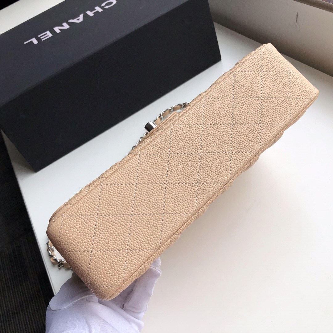 CHANEL CLASSIC HANDBAG GRAINED CALFSKIN & SILVER-TONE METAL COFFEE 6 × 9.9 × 2.5 in