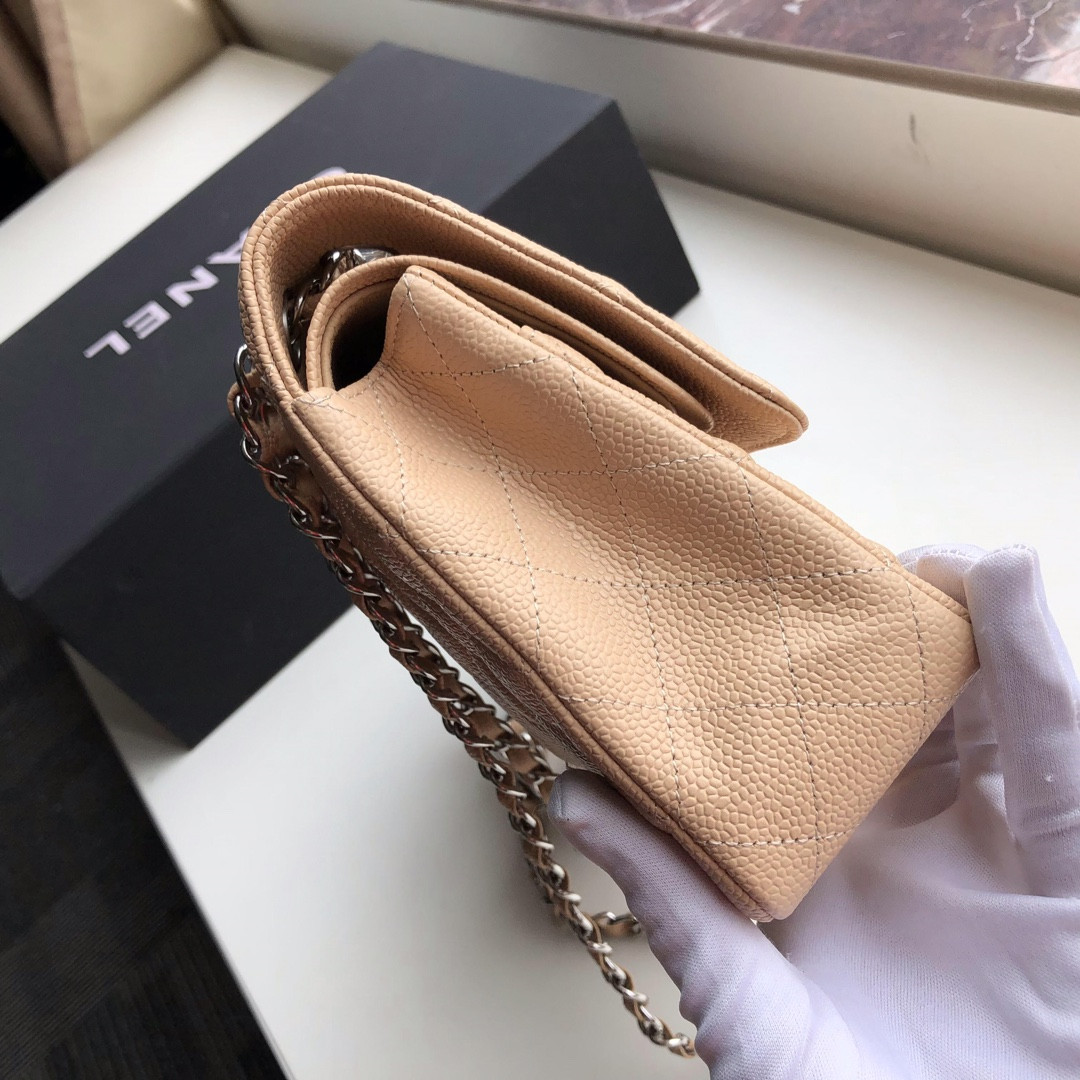 CHANEL CLASSIC HANDBAG GRAINED CALFSKIN & SILVER-TONE METAL COFFEE 6 × 9.9 × 2.5 in