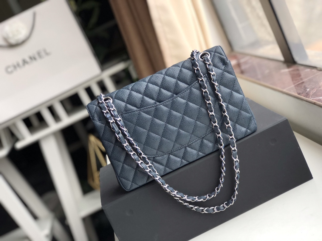 CHANEL CLASSIC HANDBAG GRAINED CALFSKIN & SILVER-TONE METAL NAVY 6 × 9.9 × 2.5 in