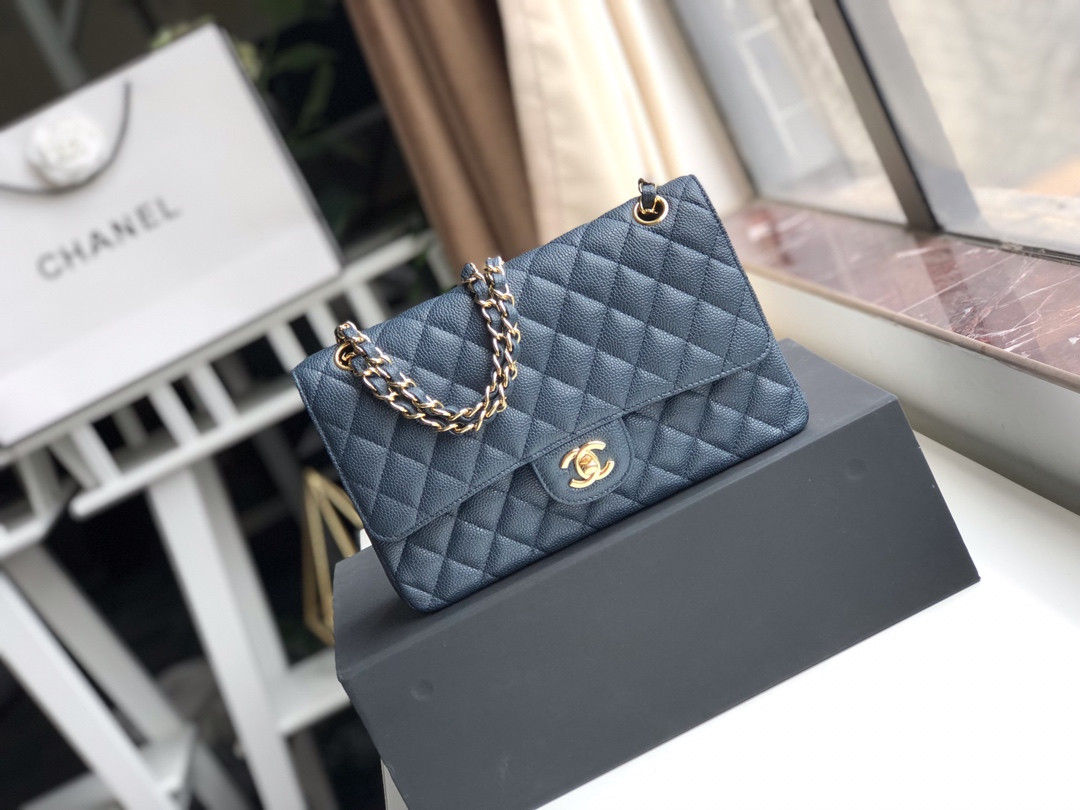 CHANEL CLASSIC HANDBAG GRAINED CALFSKIN & GOLD-TONE METAL NAVY 6 × 9.9 × 2.5 in