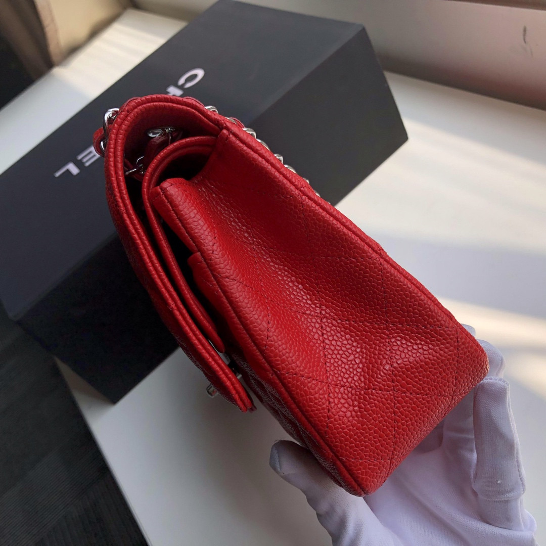 CHANEL CLASSIC HANDBAG GRAINED CALFSKIN & SILVER-TONE METAL SHINY red 6 × 9.9 × 2.5 in