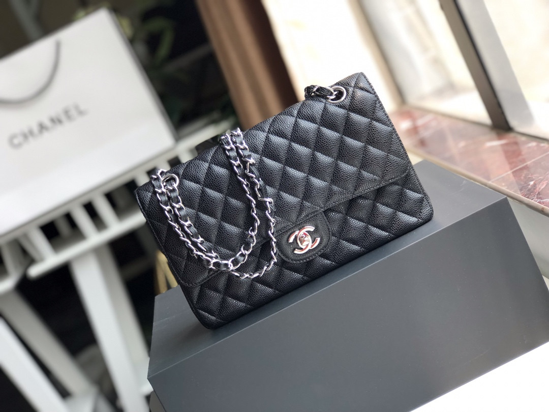 CHANEL CLASSIC HANDBAG GRAINED CALFSKIN & SILVER-TONE METAL black 6 × 9.9 × 2.5 in