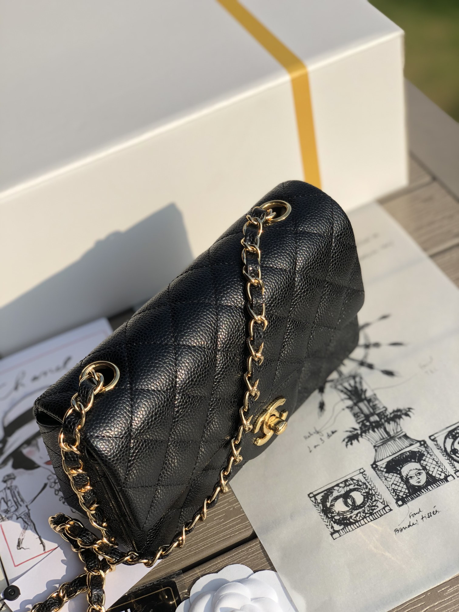 CHANEL MINI FLAP BAG BLACK WITH GOLD-TONE MENTAL 4.7 × 7.8 × 2.3 in