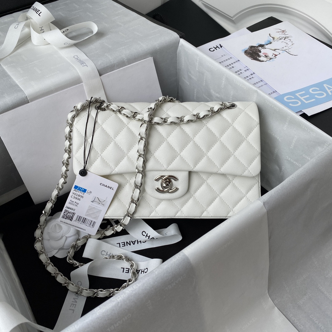 CHANEL SMALL CLASSIC HANDBAG Grained Calfskin & Silver-Tone Metal White 5.7 × 9 × 2.3 in
