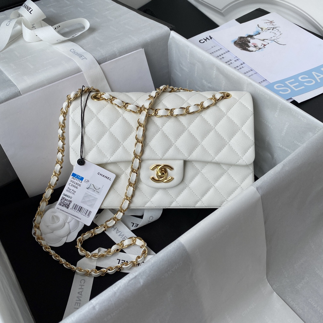 CHANEL SMALL CLASSIC HANDBAG Grained Calfskin & Gold-Tone Metal White 5.7 × 9 × 2.3 in