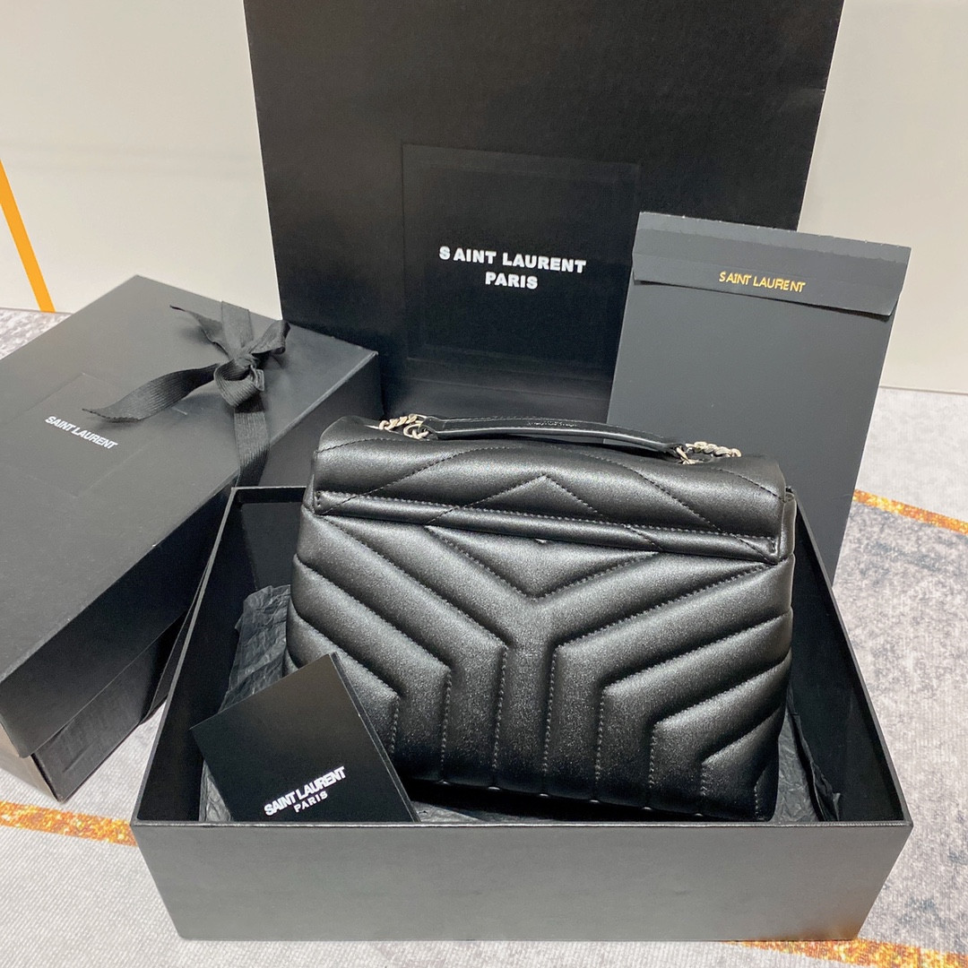 YSL LOULOU SMALL IN QUILTED LEATHER BLACK SILVER 9 X 6.1 X 3.3 INCHES