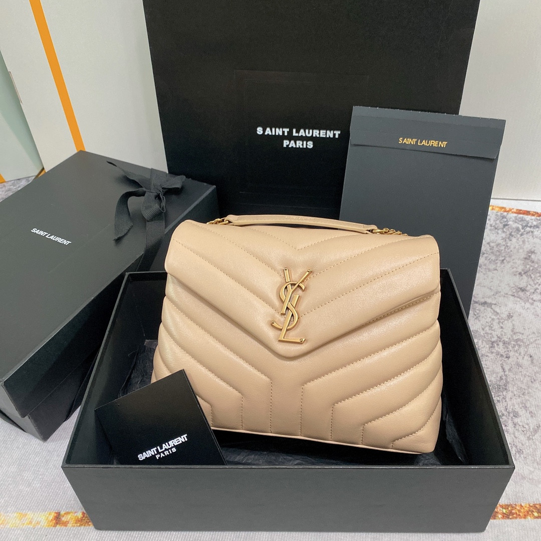 YSL LOULOU SMALL IN QUILTED LEATHER light beige 9 X 6.1 X 3.3 INCHES