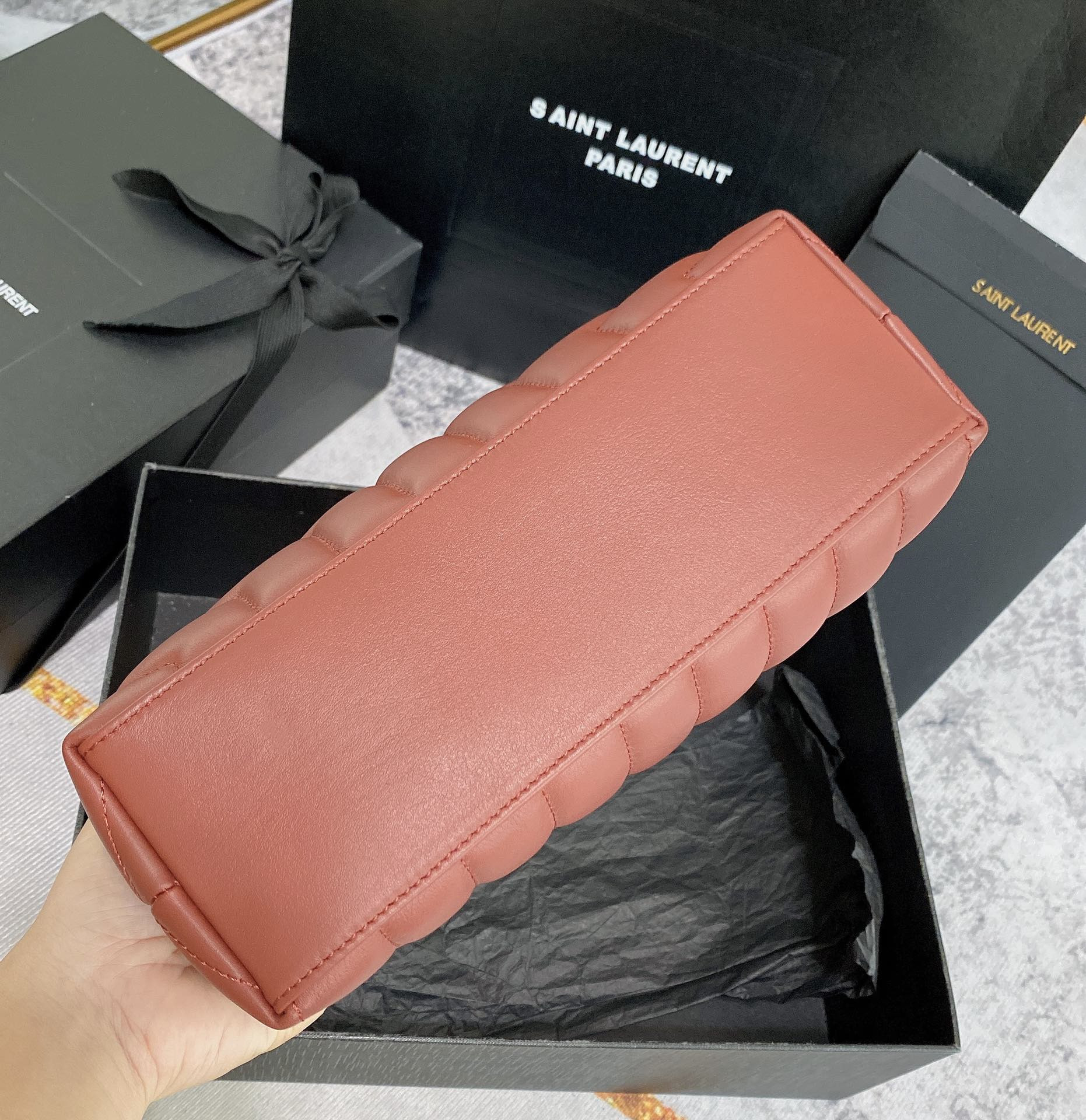 YSL LOULOU SMALL IN QUILTED LEATHER RED GOLD 9 X 6.1 X 3.3 INCHES