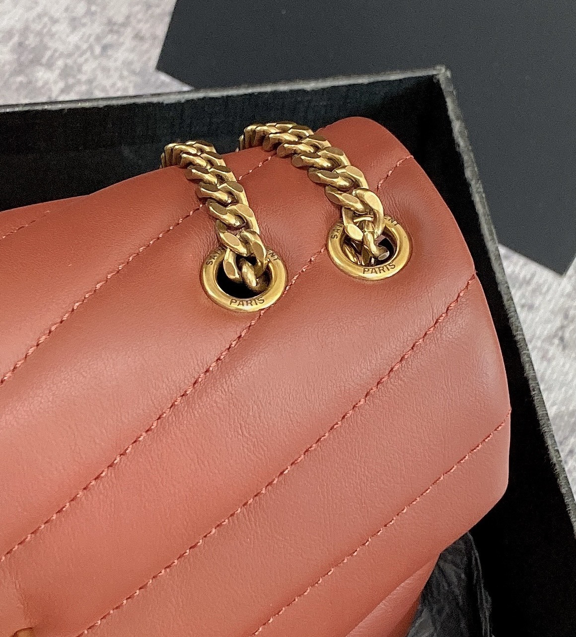 YSL LOULOU SMALL IN QUILTED LEATHER RED GOLD 9 X 6.1 X 3.3 INCHES