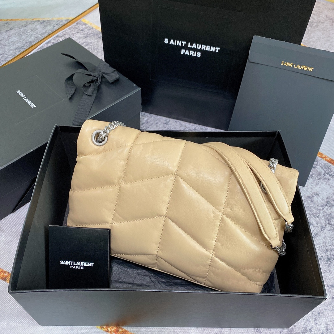 YSL PUFFER SMALL IN NAPPA LEATHER BEIGE SILVER 11.4 X 6.6 X 4.3 INCHES