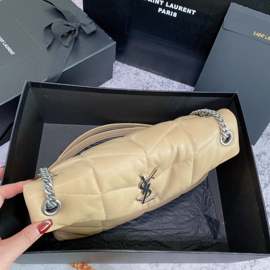 YSL PUFFER SMALL IN NAPPA LEATHER BEIGE SILVER 11.4 X 6.6 X 4.3 INCHES