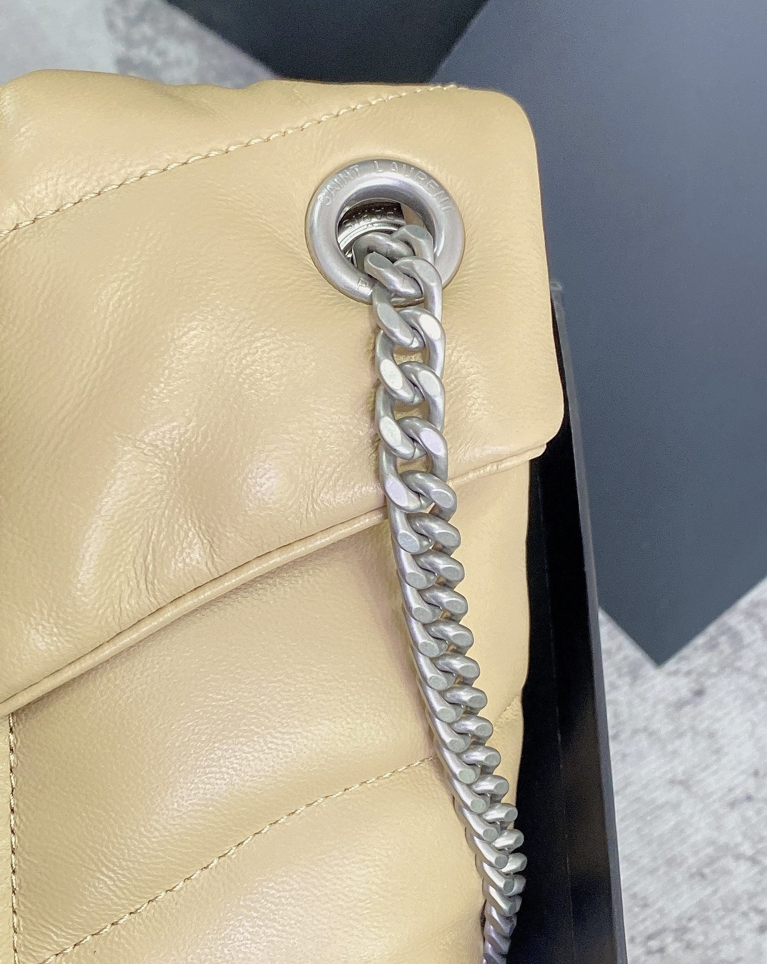 YSL PUFFER SMALL IN NAPPA LEATHER BEIGE SILVER 11.4 X 6.6 X 4.3 INCHES