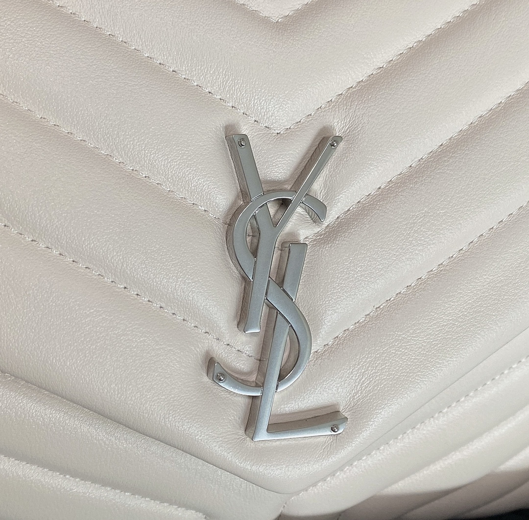 YSL LOULOU MEDIUM IN QUILTED LEATHER BLANC VINTAGE SILVER 12.5 X 8.6 X 3.5 INCHES