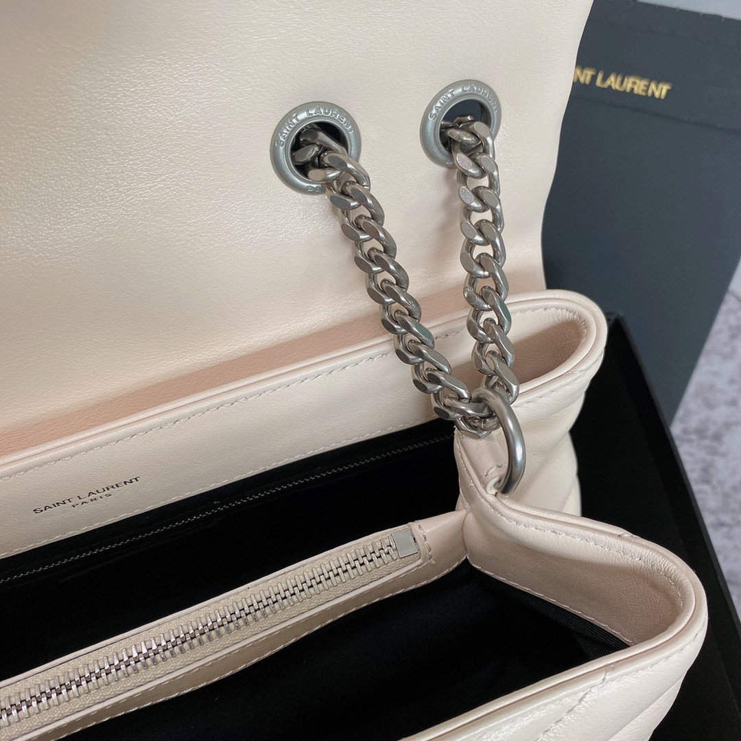 YSL LOULOU MEDIUM IN QUILTED LEATHER BLANC VINTAGE SILVER 12.5 X 8.6 X 3.5 INCHES