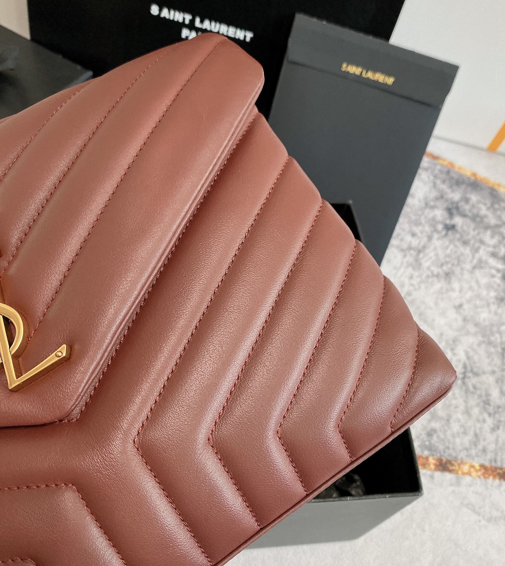 YSL LOULOU MEDIUM IN QUILTED LEATHER LIGHT RED 12.5 X 8.6 X 3.5 INCHES