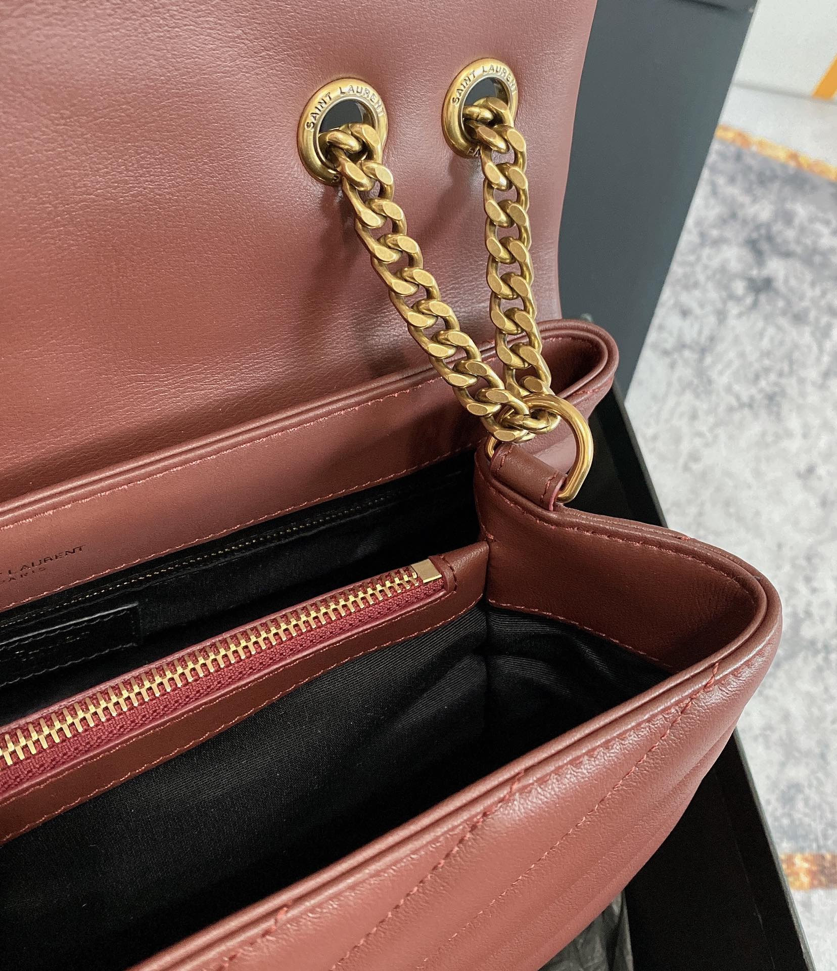 YSL LOULOU MEDIUM IN QUILTED LEATHER LIGHT RED 12.5 X 8.6 X 3.5 INCHES