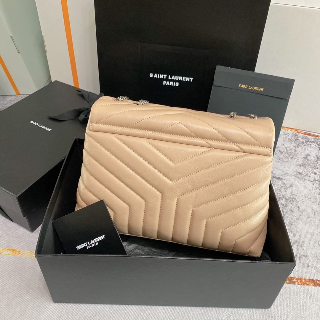 YSL LOULOU MEDIUM IN QUILTED LEATHER DARK BEIGE SILVER 12.5 X 8.6 X 3.5 INCHES