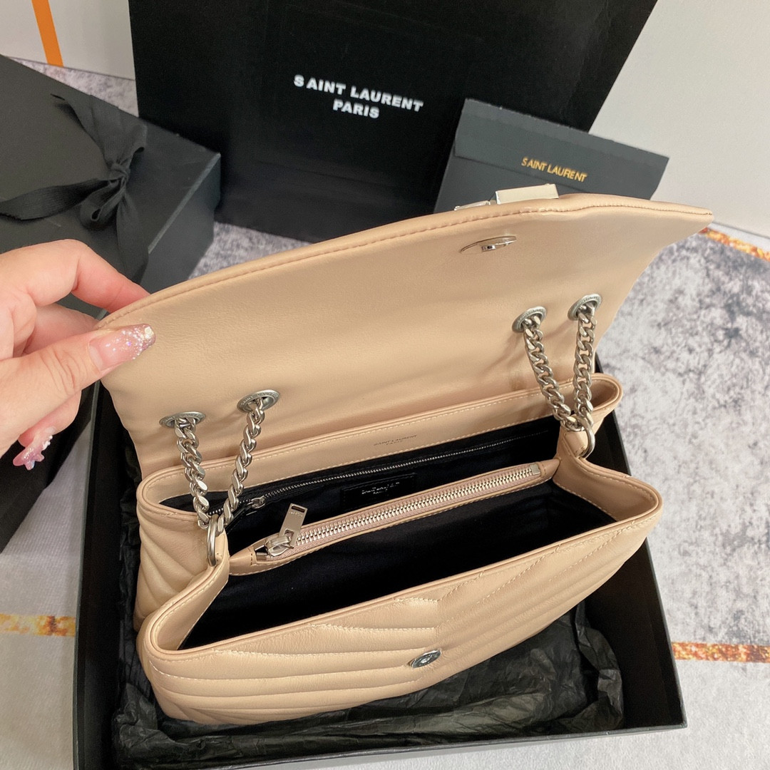 YSL LOULOU MEDIUM IN QUILTED LEATHER DARK BEIGE SILVER 12.5 X 8.6 X 3.5 INCHES