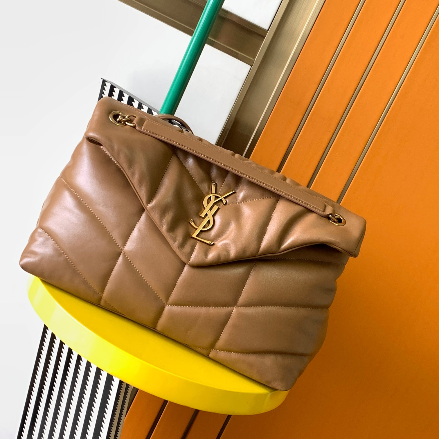 YSL PUFFER MEDIUM IN NAPPA LEATHER BROWN 13.7 X 9 X 5.3 INCHES