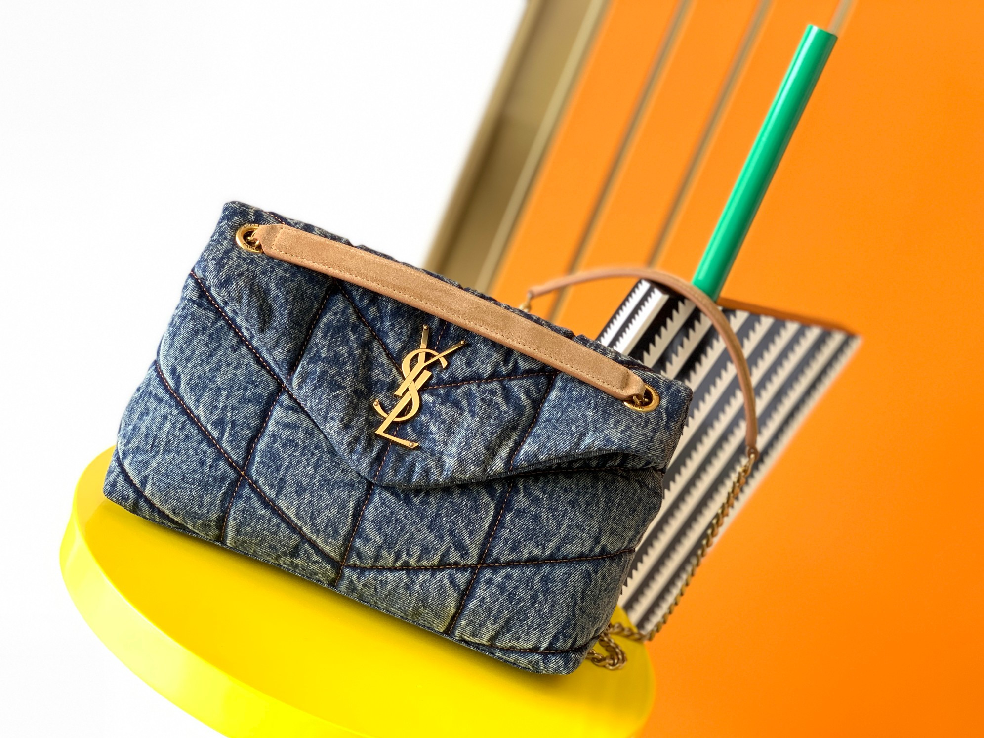 YSL PUFFER SMALL IN SUEDE AND DENIM LIGHT BLUE 11.4 X 6.6 X 4.3 INCHES