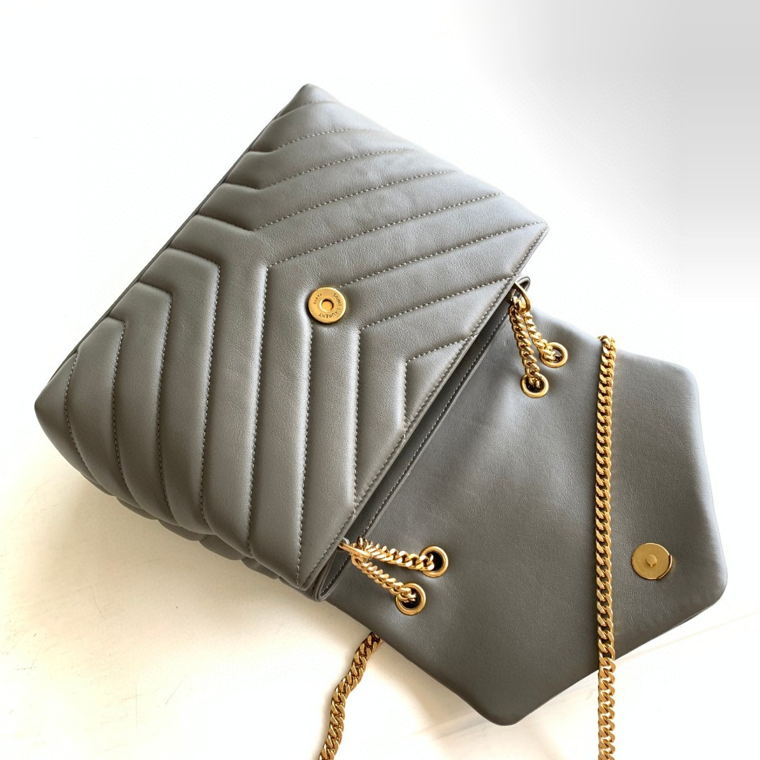 YSL LOULOU SMALL IN QUILTED LEATHER GRAY GOLD 9 X 6.1 X 3.3 INCHES