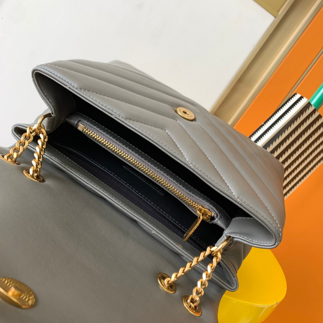 YSL LOULOU SMALL IN QUILTED LEATHER GRAY GOLD 9 X 6.1 X 3.3 INCHES