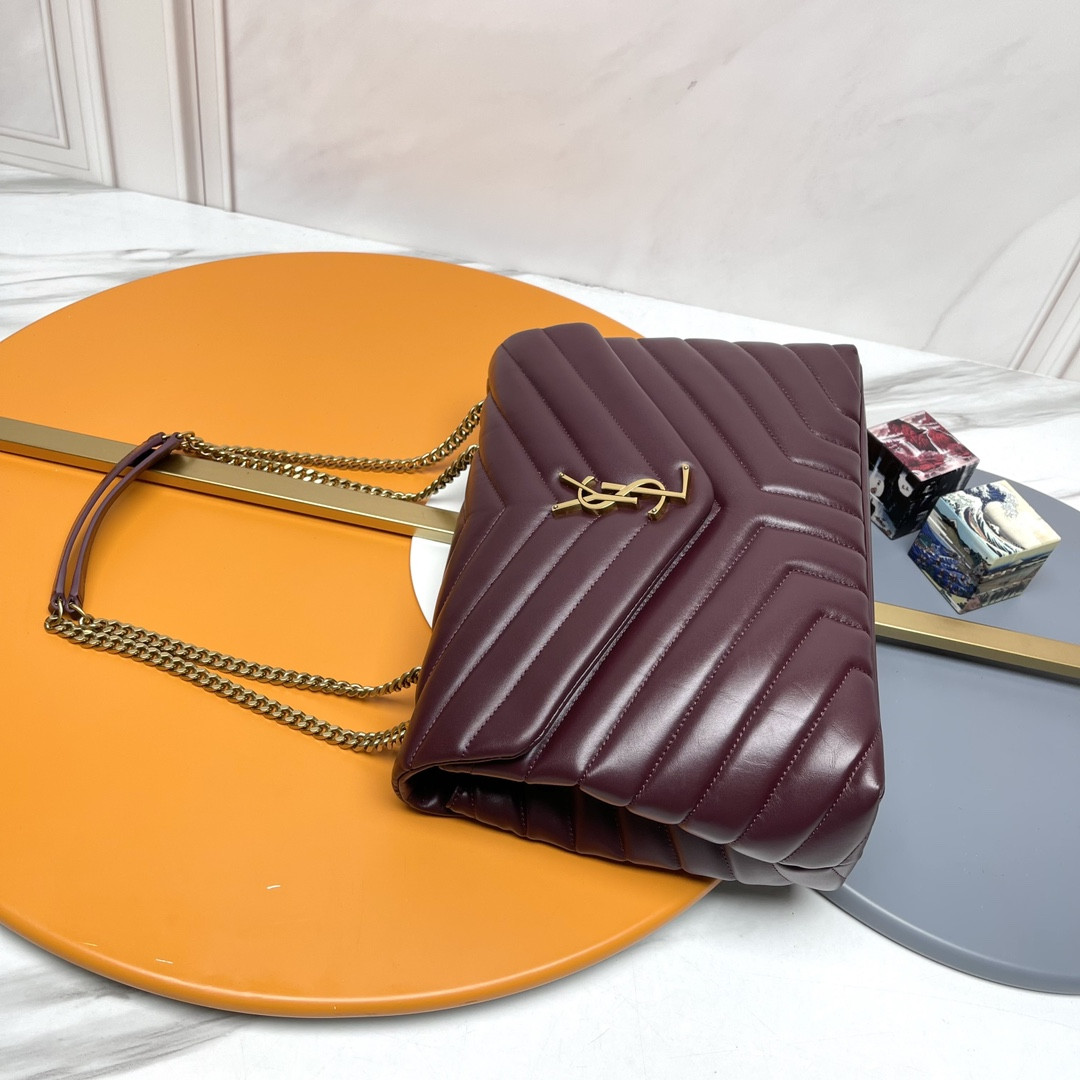 YSL LOULOU MEDIUM IN QUILTED LEATHER DARK RED 12.5 X 8.6 X 3.5 INCHES