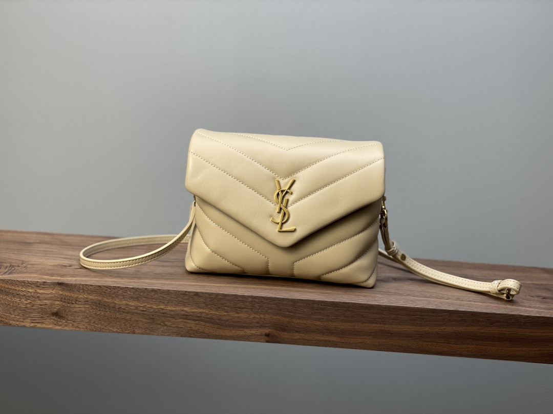 YSL TOY LOULOU IN QUILTED LEATHER DARK BEIGE 7.9 X 5.5 X 3 INCHES