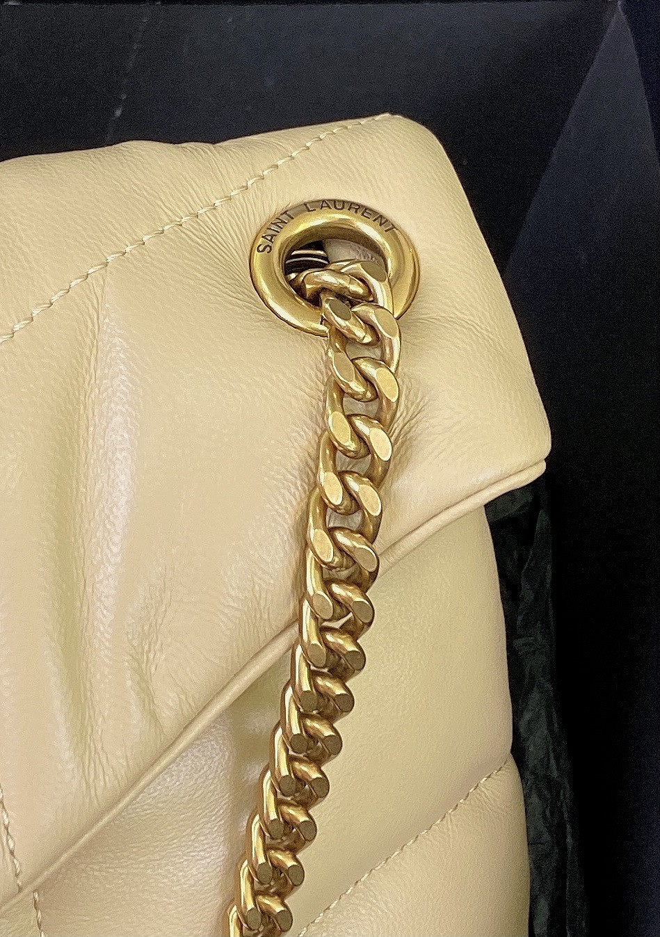 YSL PUFFER SMALL IN NAPPA LEATHER BEIGE 11.4 X 6.6 X 4.3 INCHES