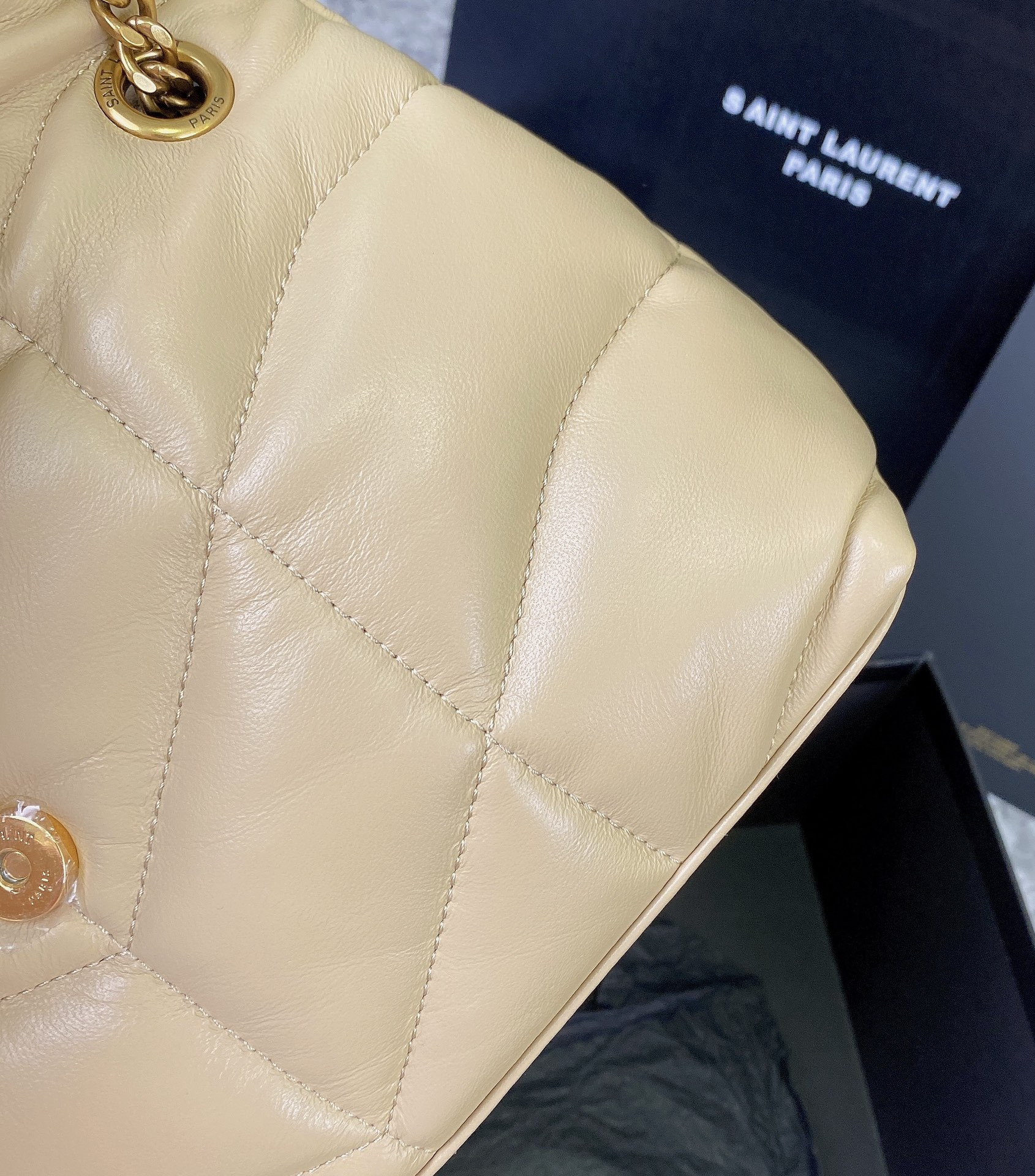 YSL PUFFER SMALL IN NAPPA LEATHER BEIGE 11.4 X 6.6 X 4.3 INCHES