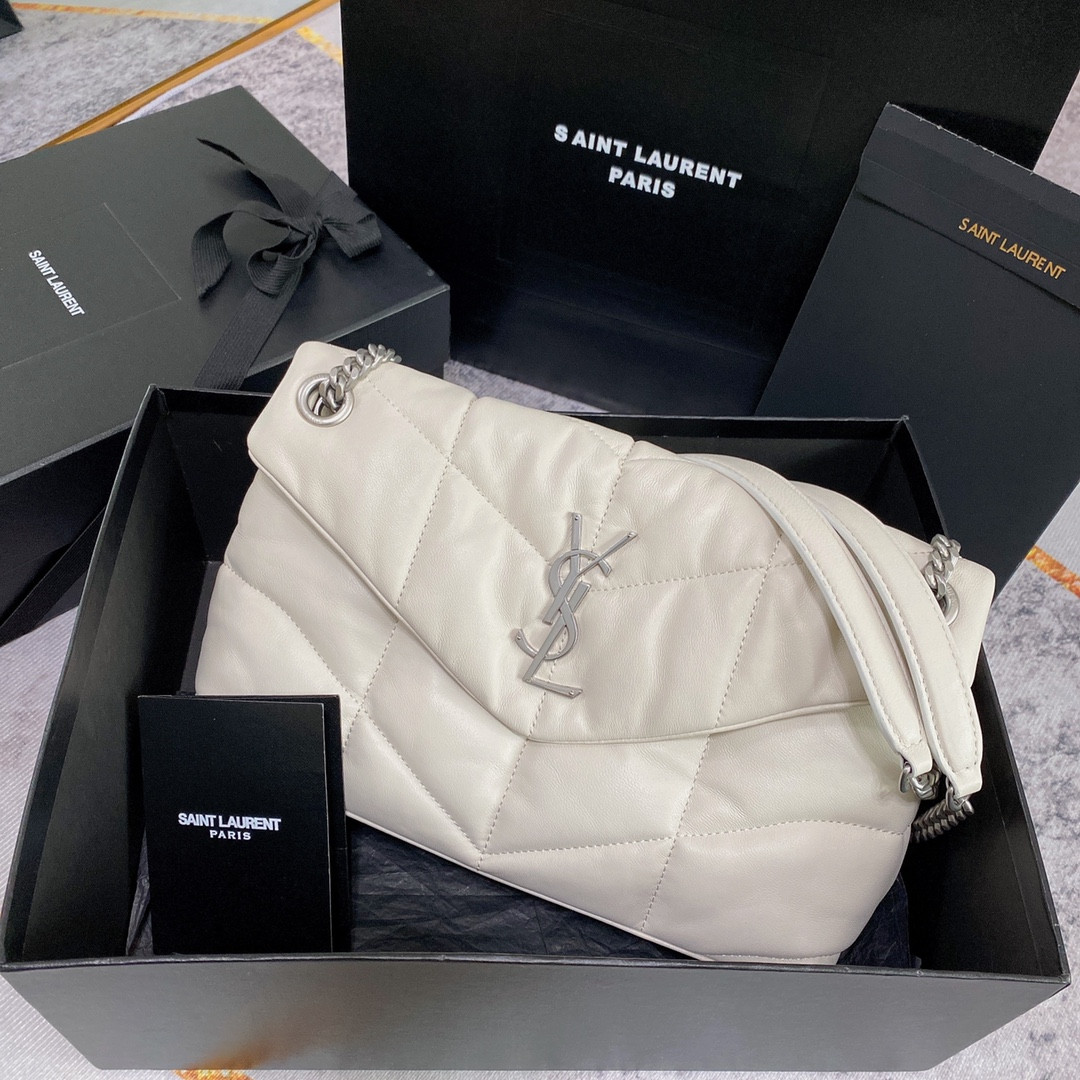 YSL PUFFER SMALL IN NAPPA LEATHER WHITE SILVER 11.4 X 6.6 X 4.3 INCHES