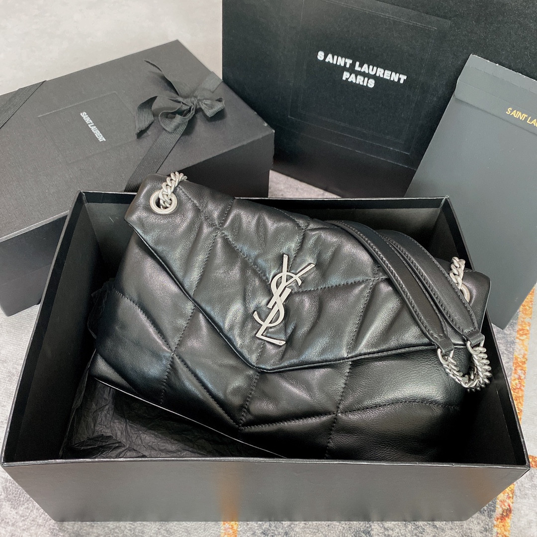YSL PUFFER SMALL IN NAPPA LEATHER BLACK SILVER 11.4 X 6.6 X 4.3 INCHES