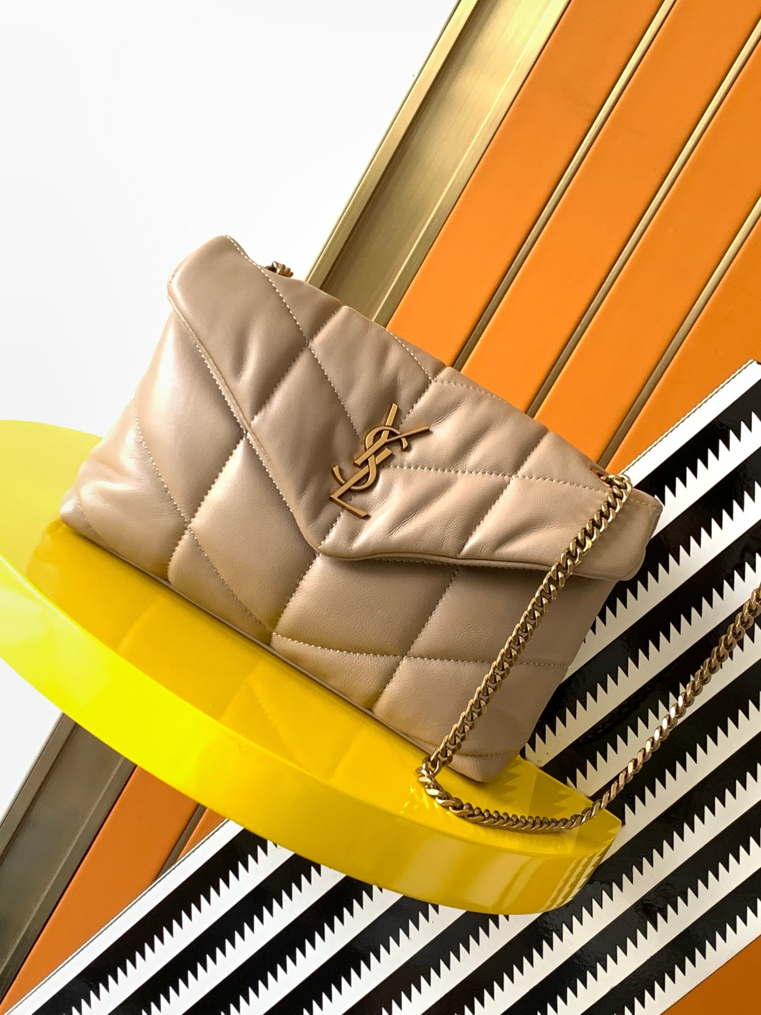 YSL PUFFER MEDIUM IN NAPPA LEATHER DARK BEIGE 13.7 X 9 X 5.3 INCHES